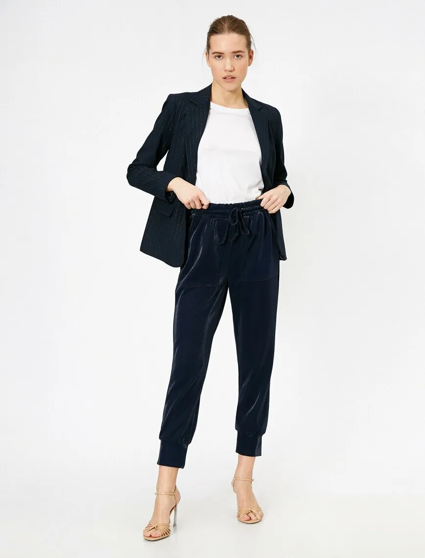 16320 Navy Blue Tie Waist Shimmer Trousers