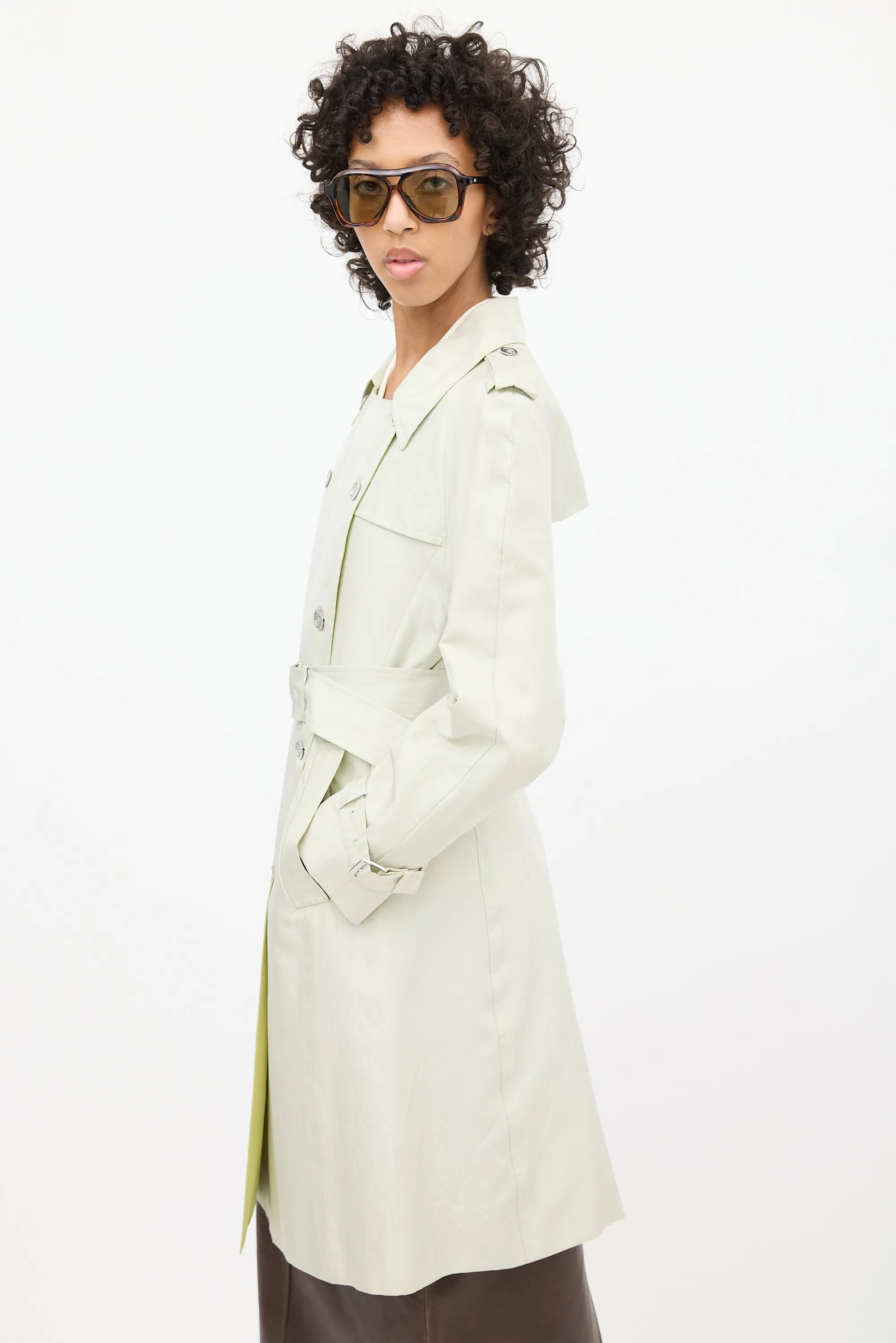 2000s Mint Green Silk Double Breasted Trench Coat