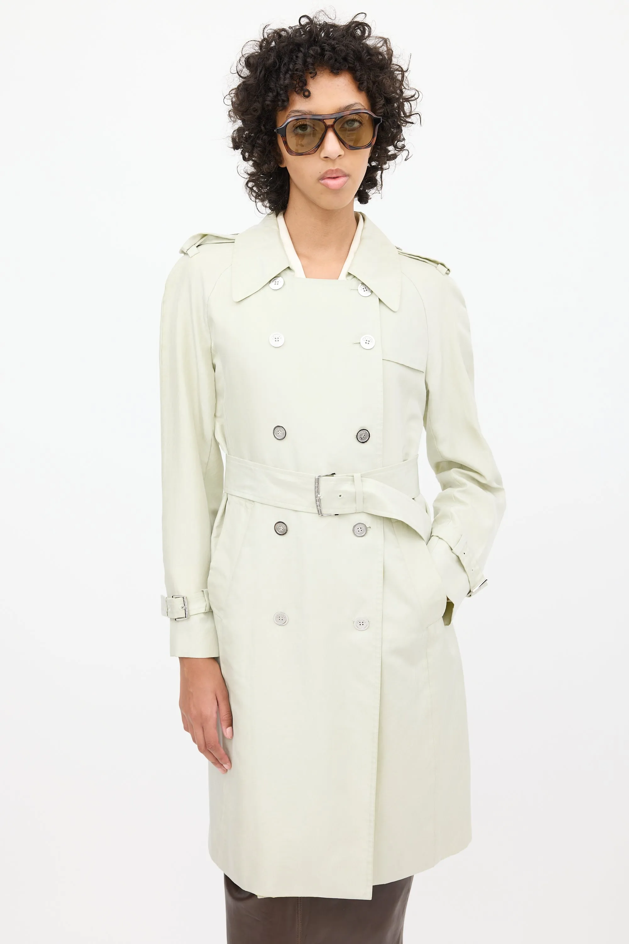 2000s Mint Green Silk Double Breasted Trench Coat