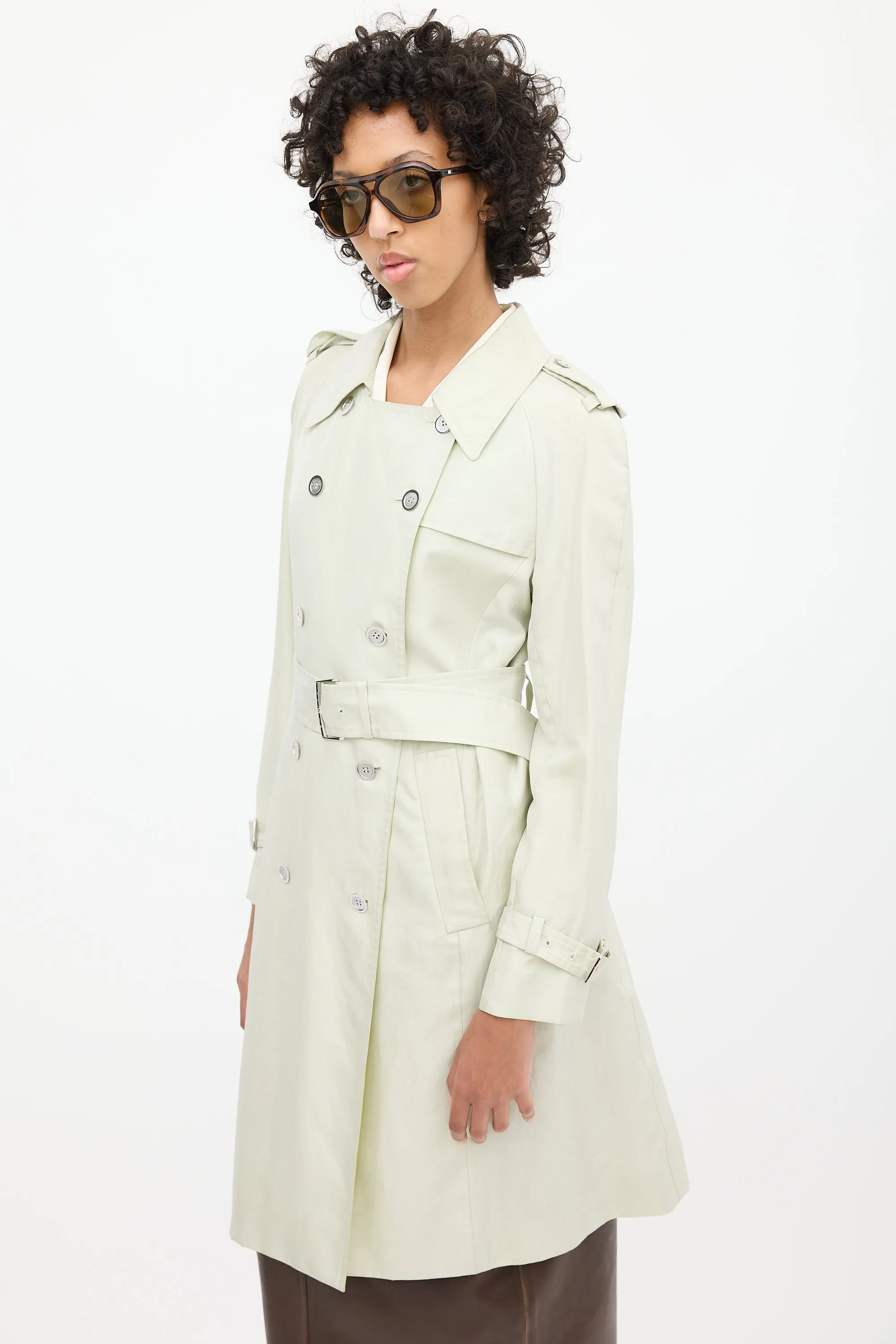 2000s Mint Green Silk Double Breasted Trench Coat