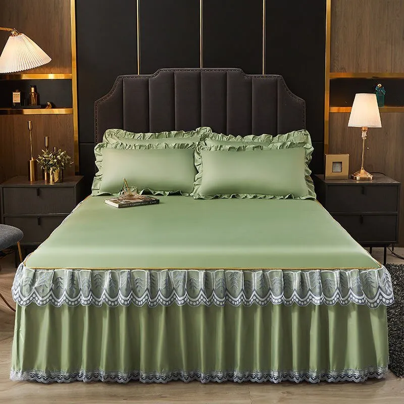 3 Pcs Smooth Elegant Bed Spread Solid Colour Bed Skirt Polyester Cotton King Queen Size with Pillowcases