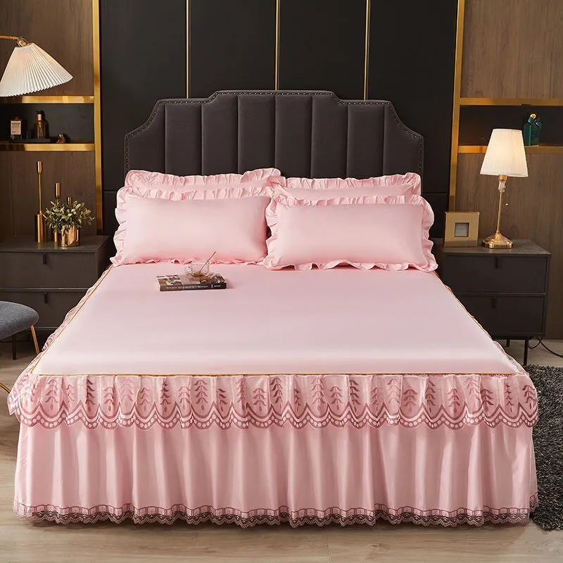 3 Pcs Smooth Elegant Bed Spread Solid Colour Bed Skirt Polyester Cotton King Queen Size with Pillowcases