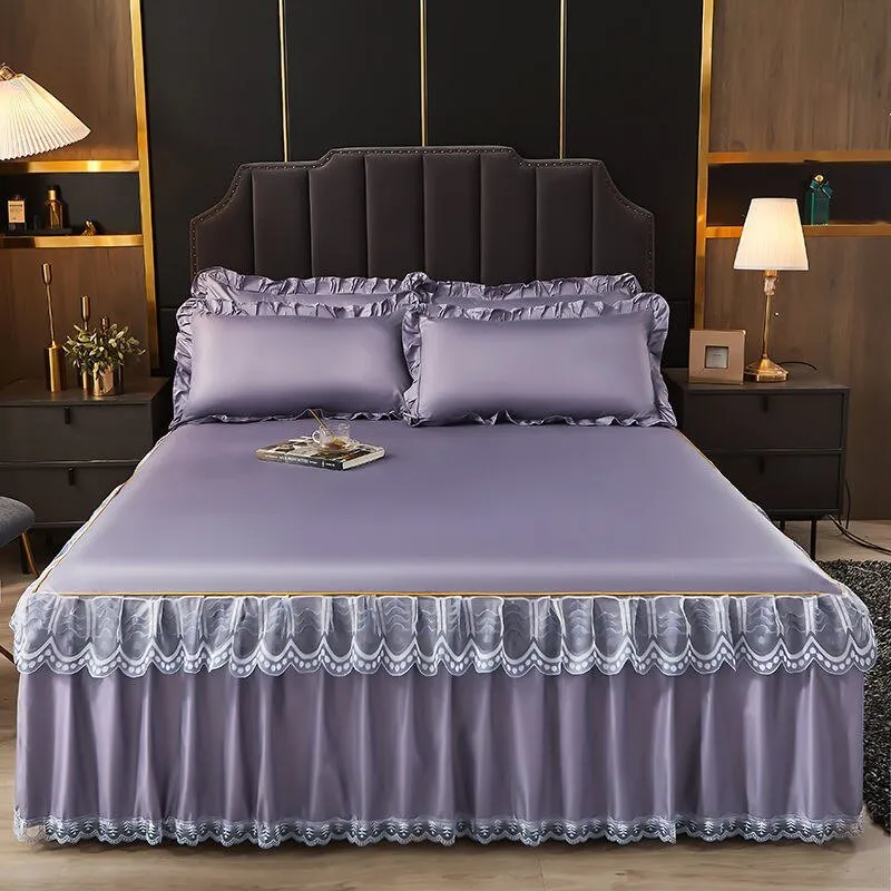 3 Pcs Smooth Elegant Bed Spread Solid Colour Bed Skirt Polyester Cotton King Queen Size with Pillowcases