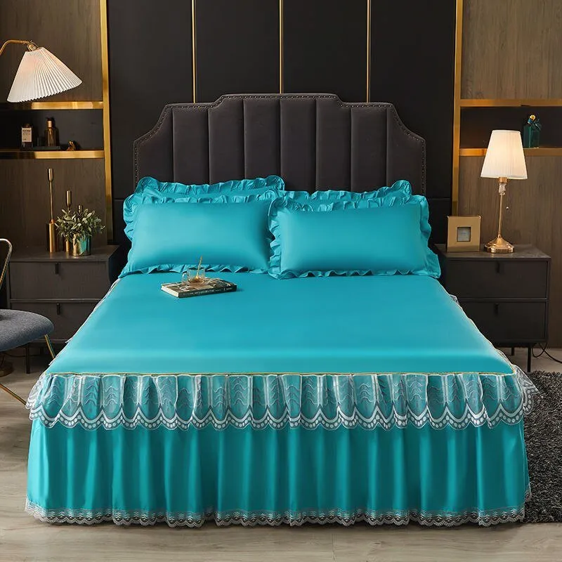 3 Pcs Smooth Elegant Bed Spread Solid Colour Bed Skirt Polyester Cotton King Queen Size with Pillowcases