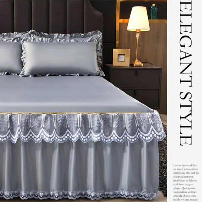 3 Pcs Smooth Elegant Bed Spread Solid Colour Bed Skirt Polyester Cotton King Queen Size with Pillowcases