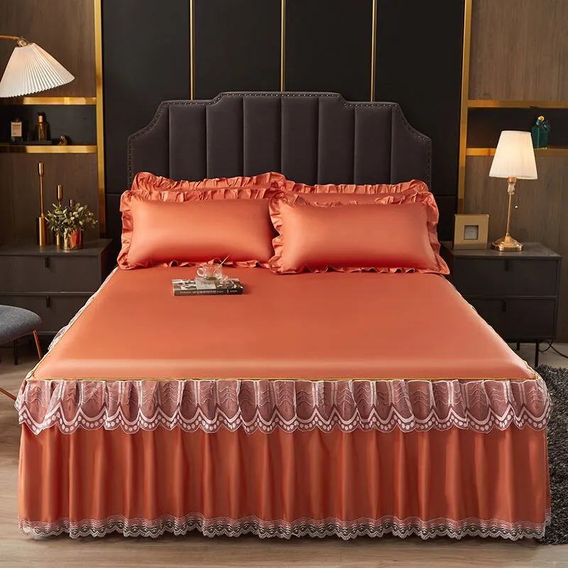 3 Pcs Smooth Elegant Bed Spread Solid Colour Bed Skirt Polyester Cotton King Queen Size with Pillowcases