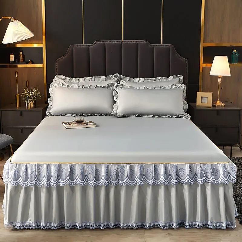 3 Pcs Smooth Elegant Bed Spread Solid Colour Bed Skirt Polyester Cotton King Queen Size with Pillowcases