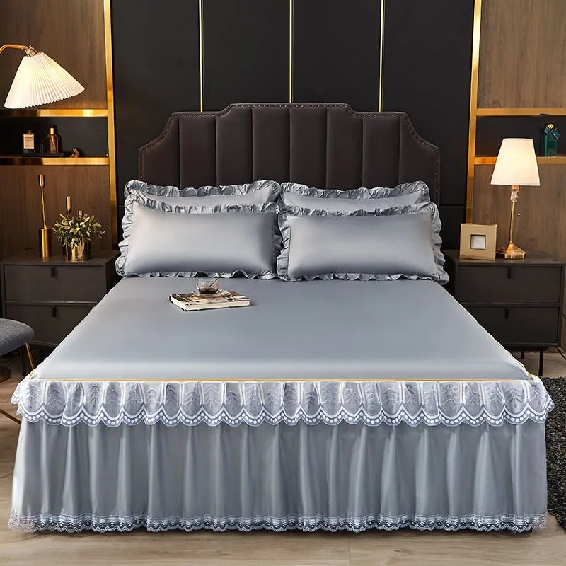 3 Pcs Smooth Elegant Bed Spread Solid Colour Bed Skirt Polyester Cotton King Queen Size with Pillowcases