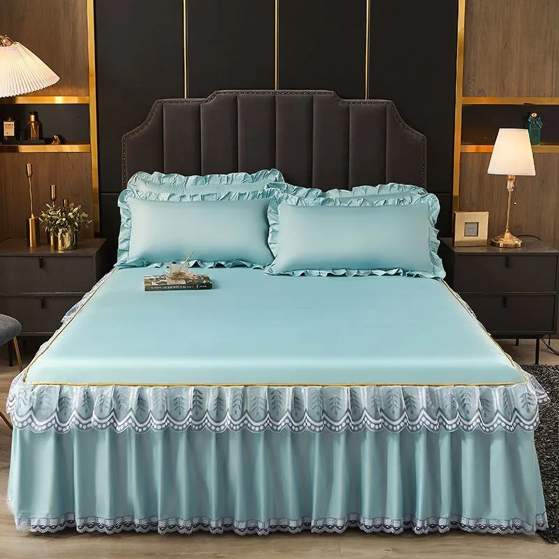 3 Pcs Smooth Elegant Bed Spread Solid Colour Bed Skirt Polyester Cotton King Queen Size with Pillowcases