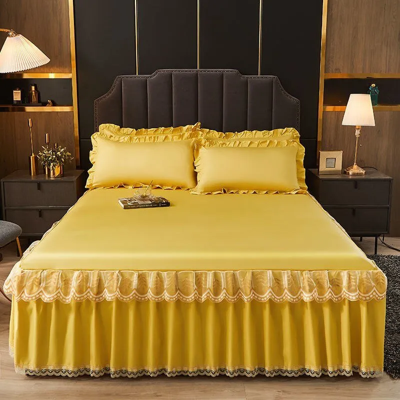 3 Pcs Smooth Elegant Bed Spread Solid Colour Bed Skirt Polyester Cotton King Queen Size with Pillowcases