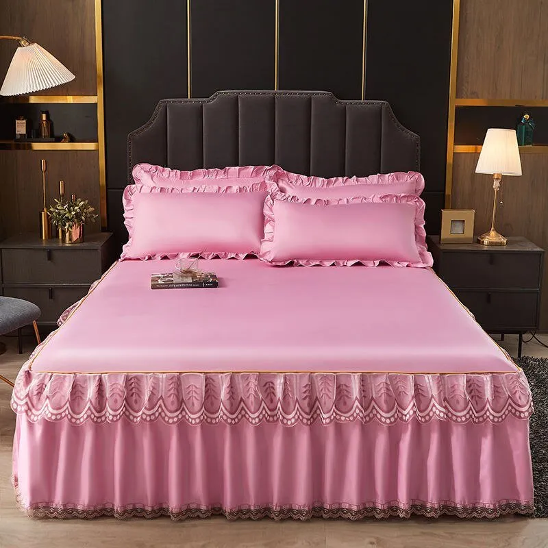 3 Pcs Smooth Elegant Bed Spread Solid Colour Bed Skirt Polyester Cotton King Queen Size with Pillowcases