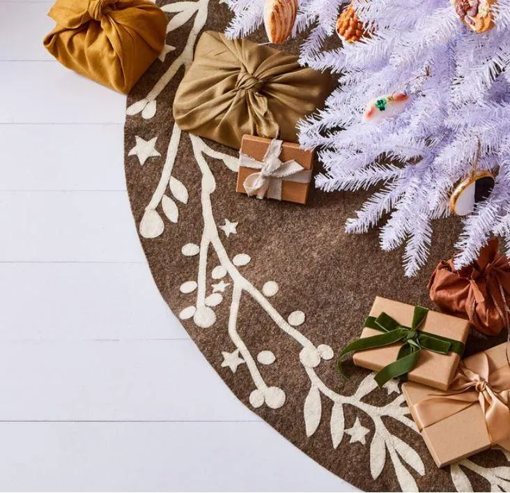 72" Handmade Christmas Tree Skirt in Felt - Branches and Stars on Gray