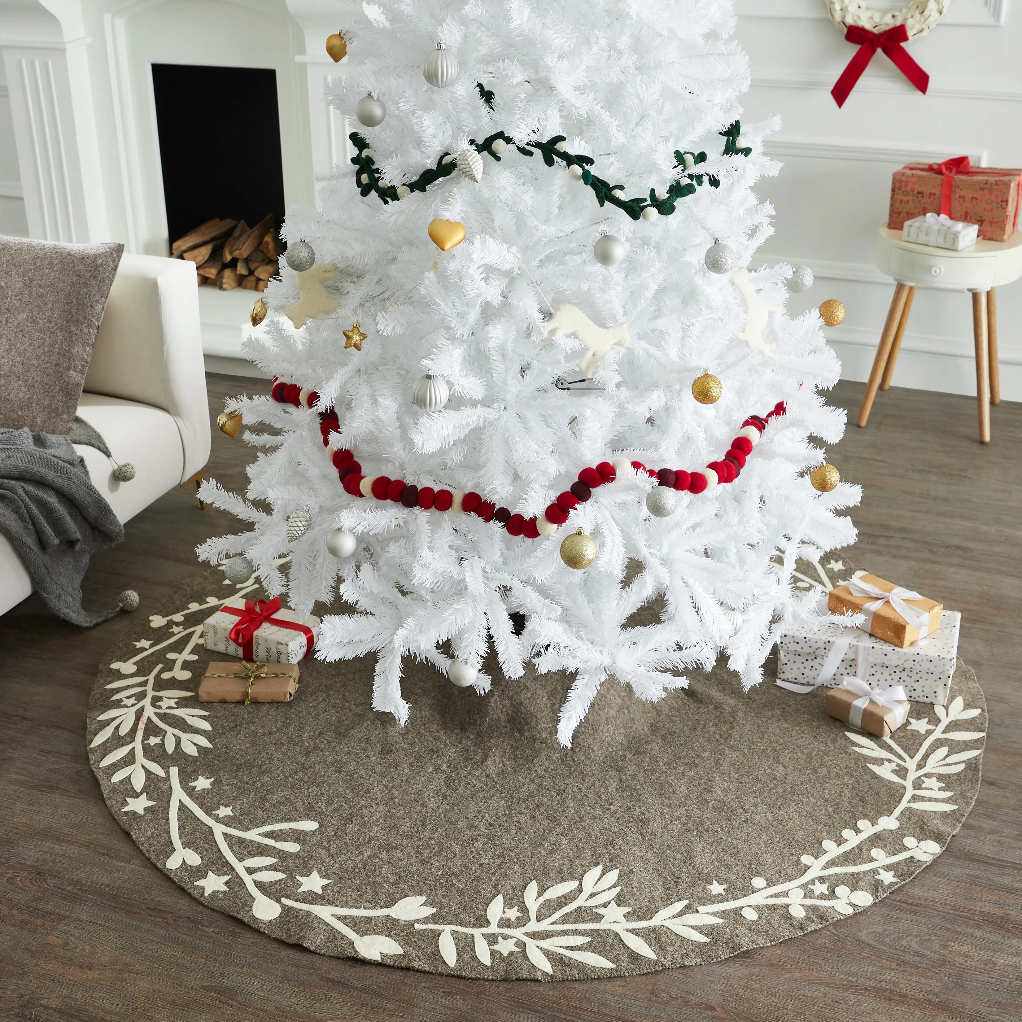 72" Handmade Christmas Tree Skirt in Felt - Branches and Stars on Gray