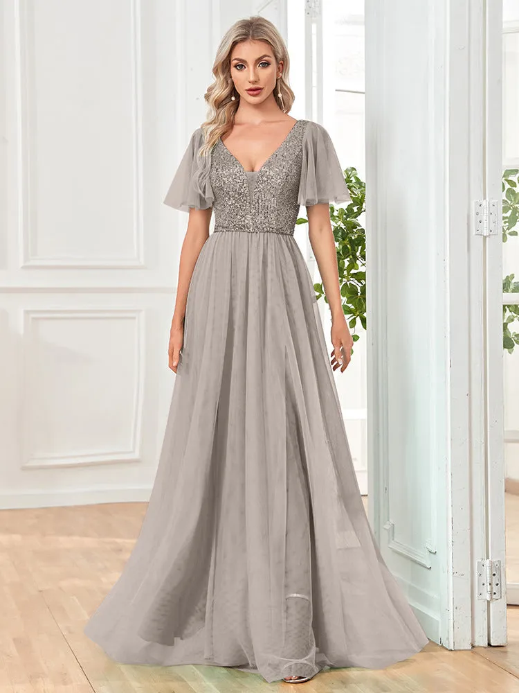 A Line V Neck Long Formal Dress with Sequins - Grey