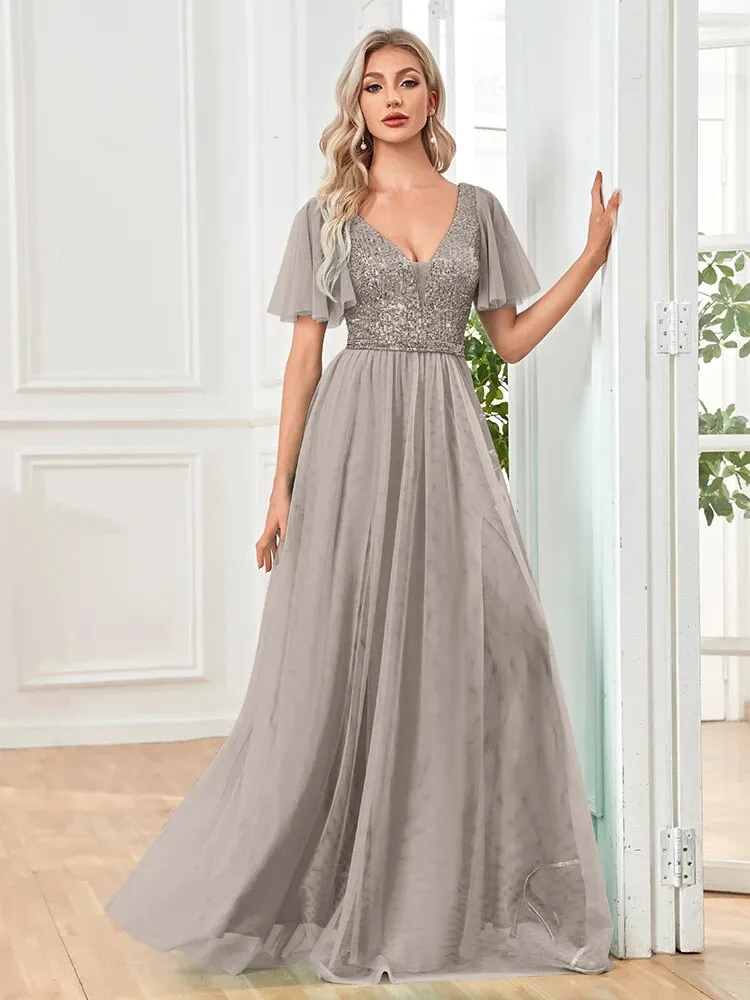 A Line V Neck Long Formal Dress with Sequins - Grey