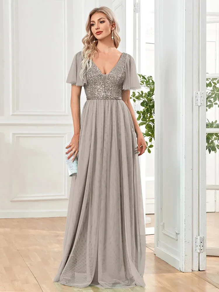 A Line V Neck Long Formal Dress with Sequins - Grey