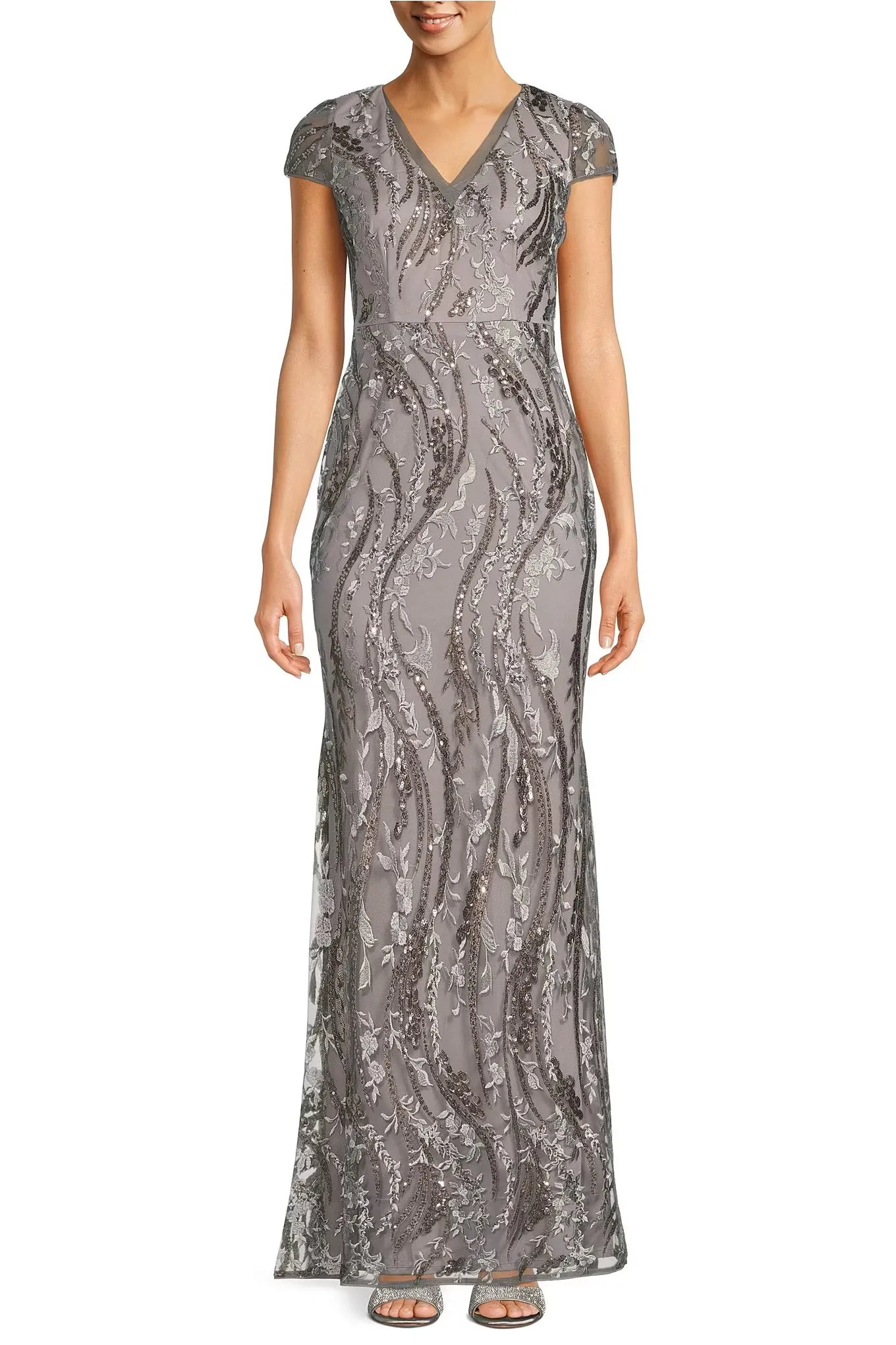 Adrianna Papell V Neck Short Sleeves Back Zipper Long Sequin Gown