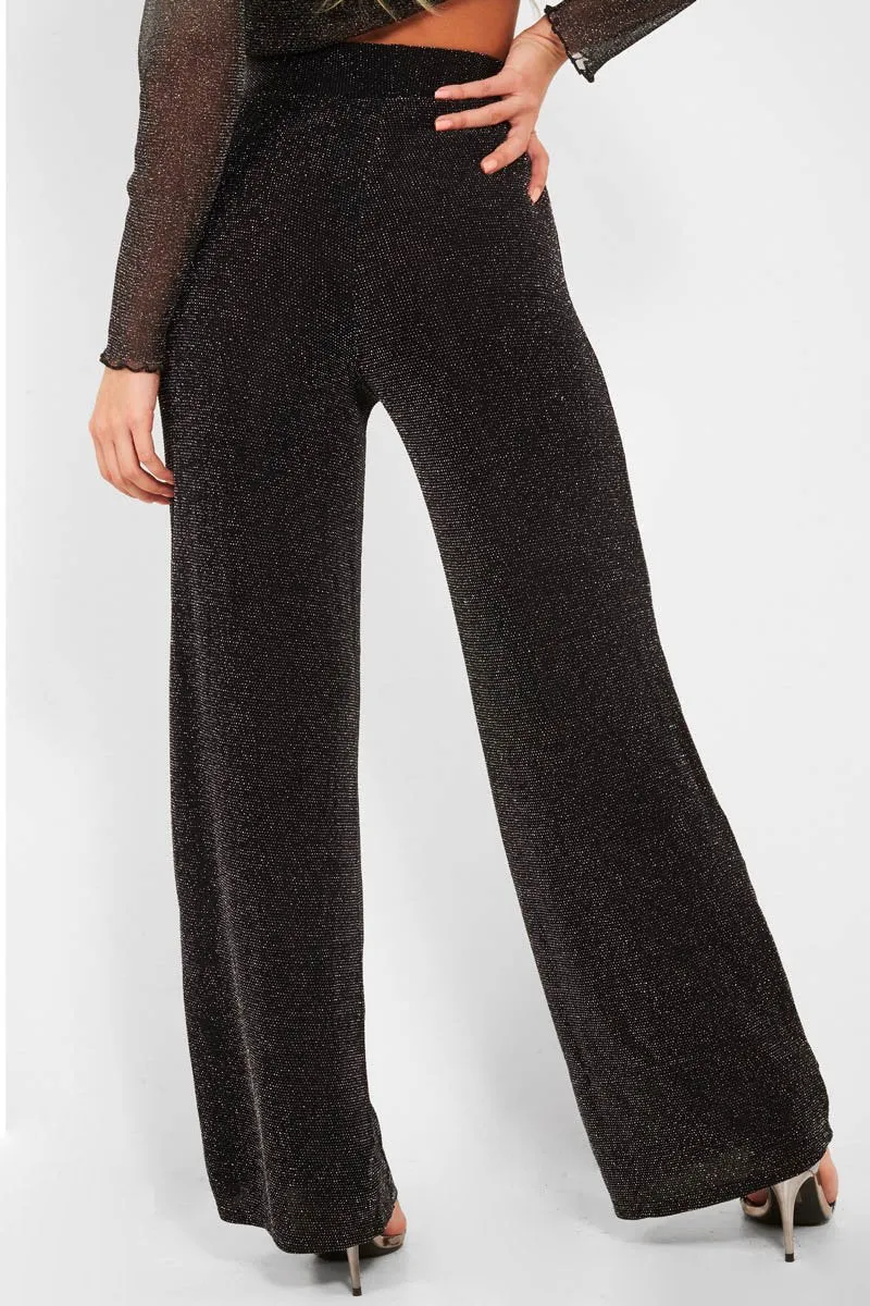 Black Glitter High Waist Wide Leg Trousers - Betsey