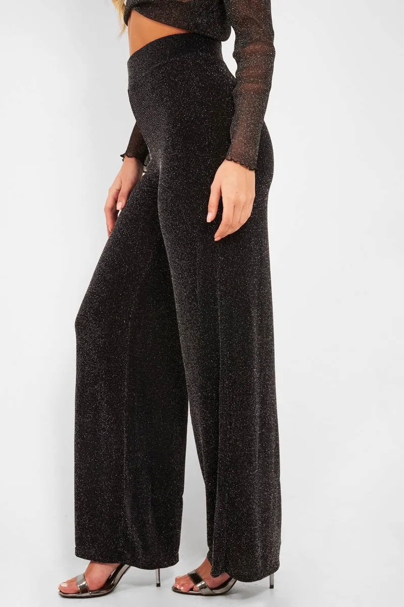 Black Glitter High Waist Wide Leg Trousers - Betsey