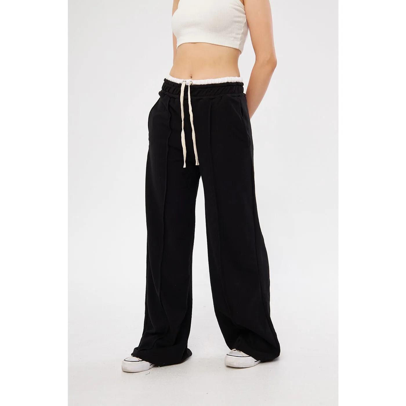 Black Wide Leg Belt Contrast Trousers