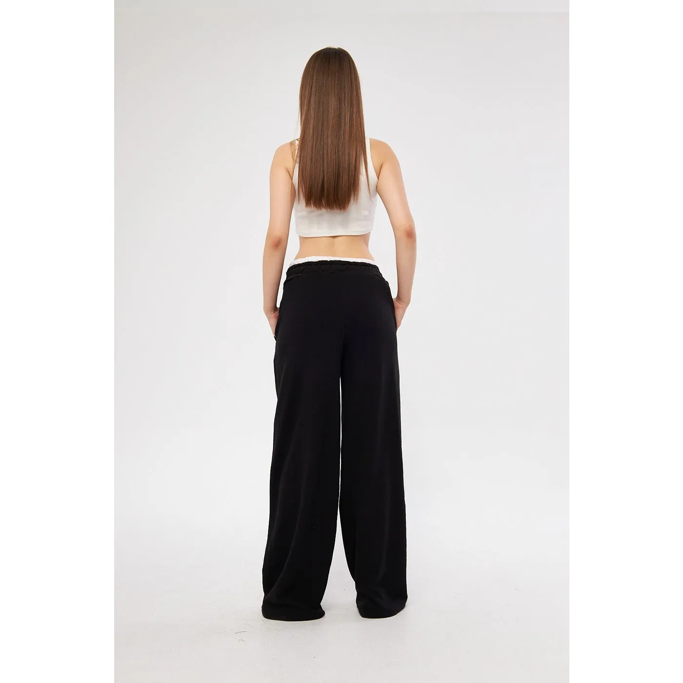 Black Wide Leg Belt Contrast Trousers