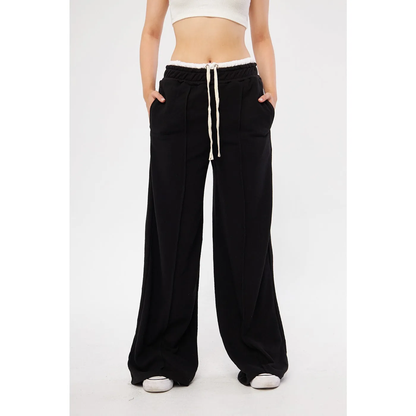 Black Wide Leg Belt Contrast Trousers