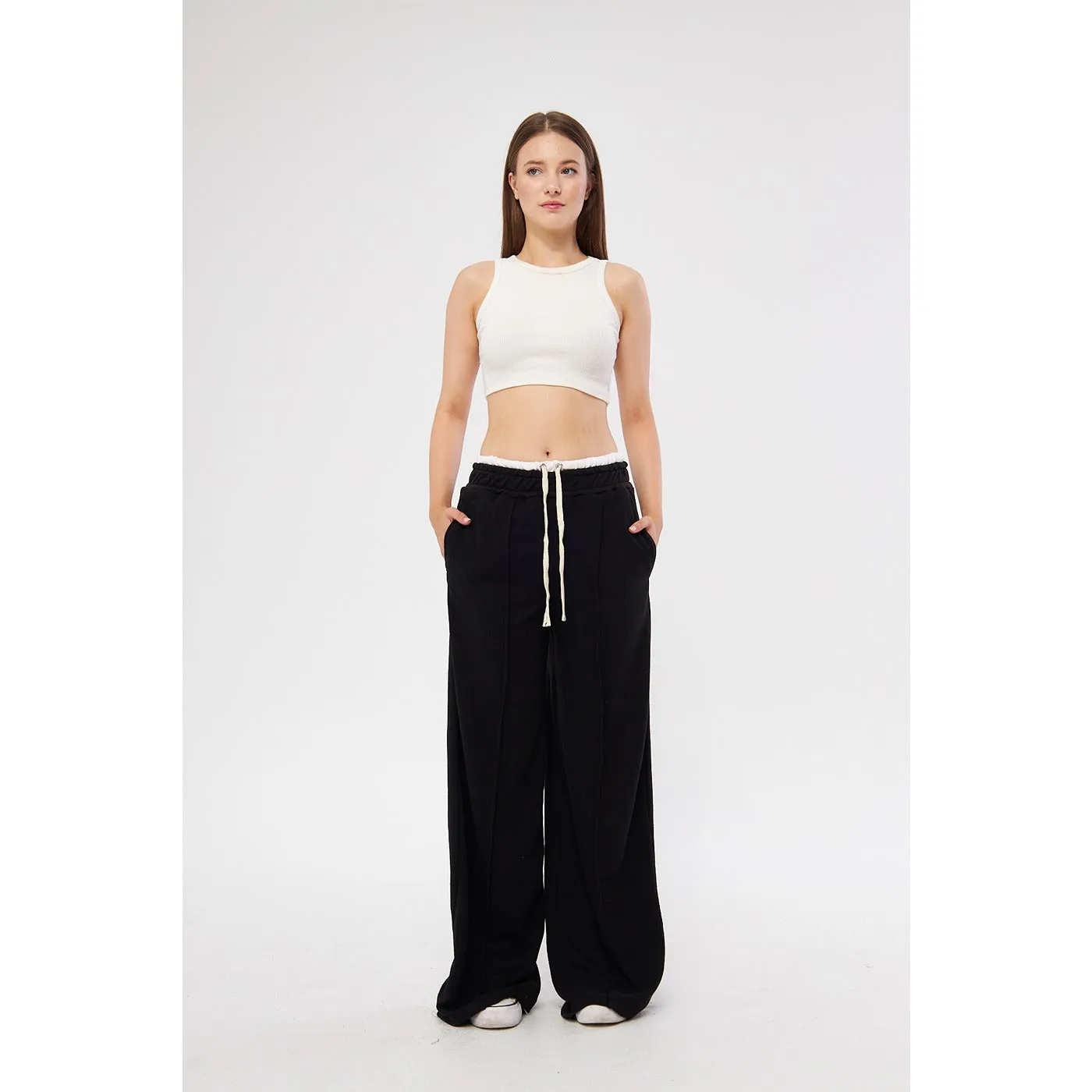 Black Wide Leg Belt Contrast Trousers