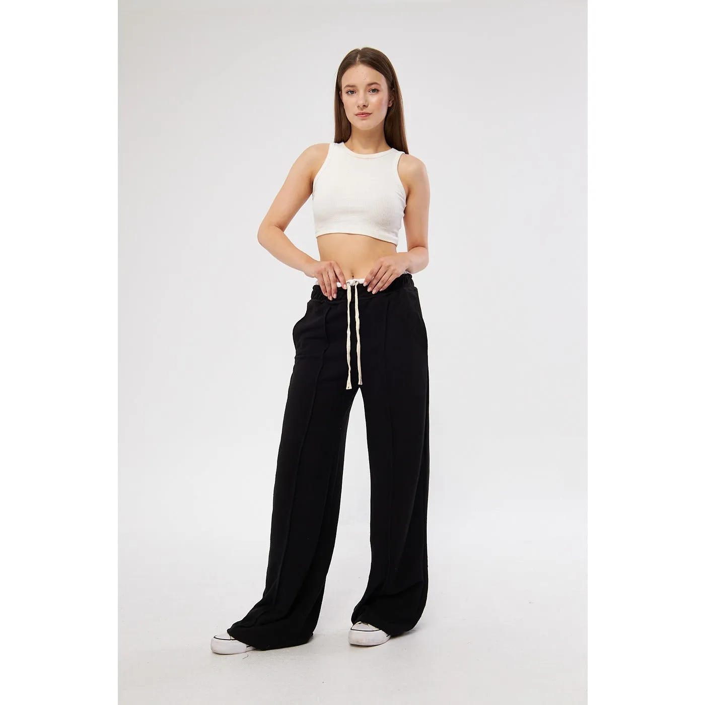 Black Wide Leg Belt Contrast Trousers