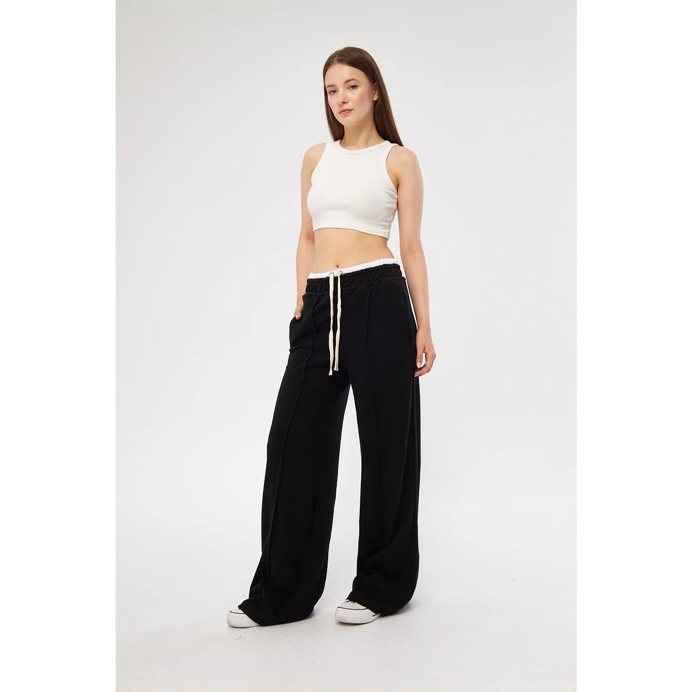 Black Wide Leg Belt Contrast Trousers