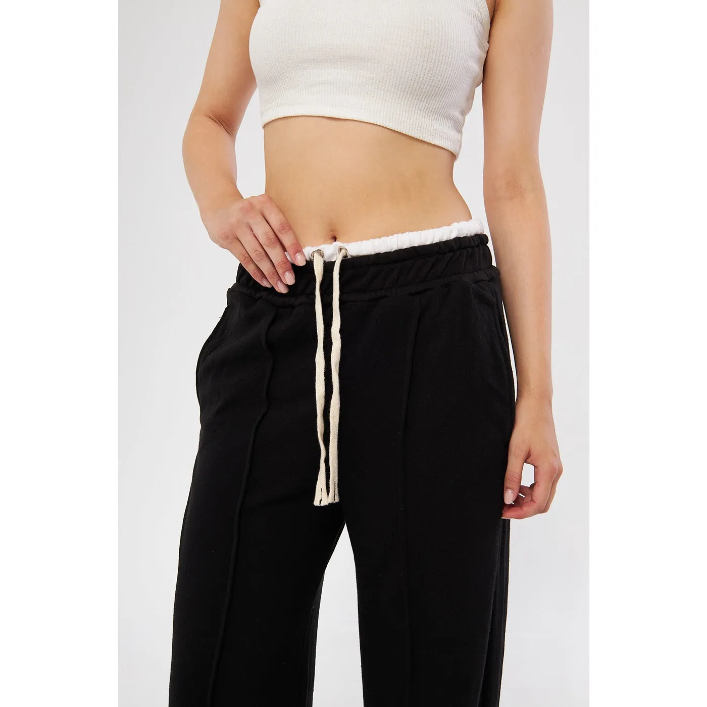 Black Wide Leg Belt Contrast Trousers