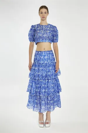 Blue-Tile Organza Tiered Ruffle Midaxi-Skirt