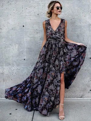 Bohemia Sleeveless V-neck Belted Maxi Dress