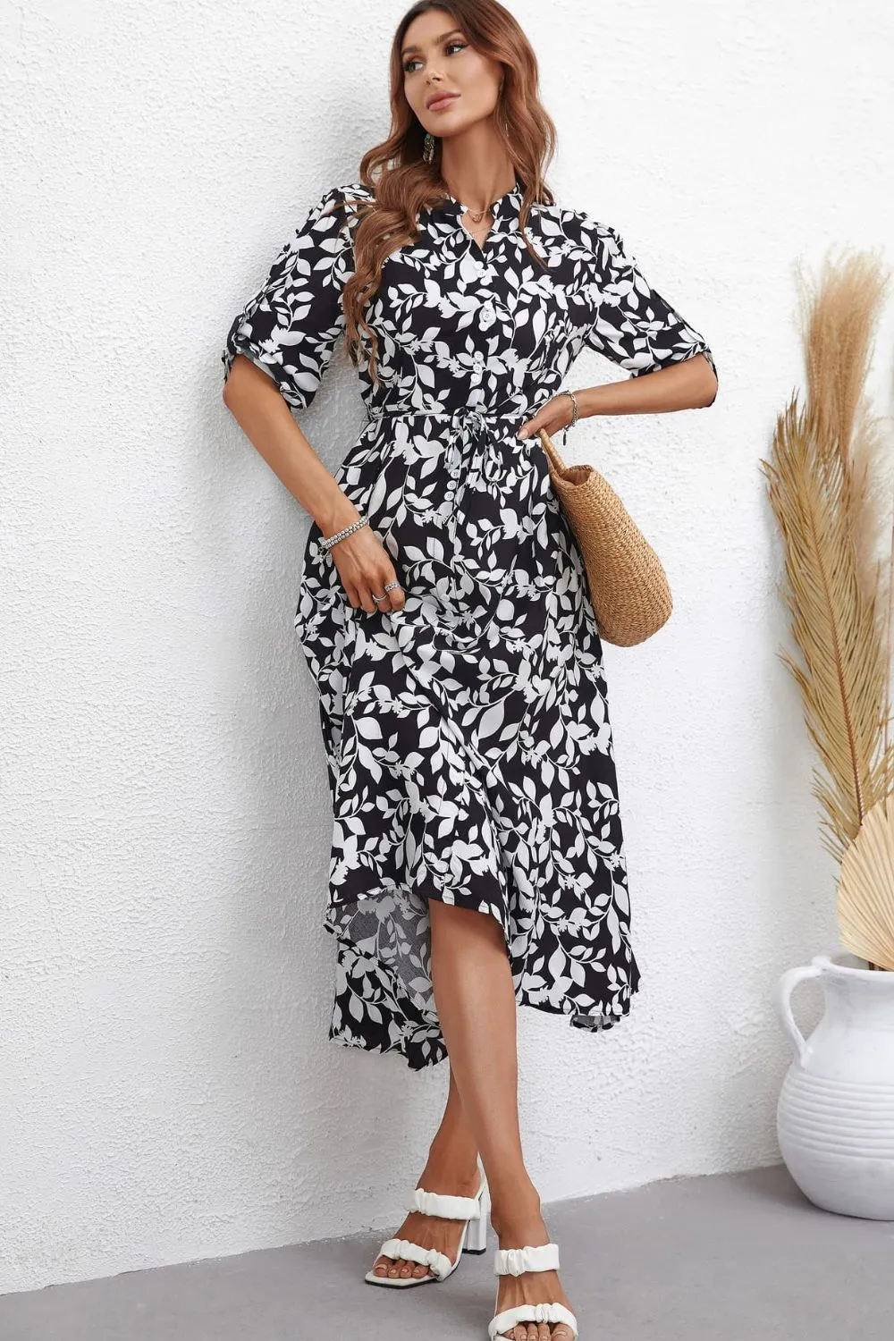 Botanical Print Notched Neck Half Sleeve Dress