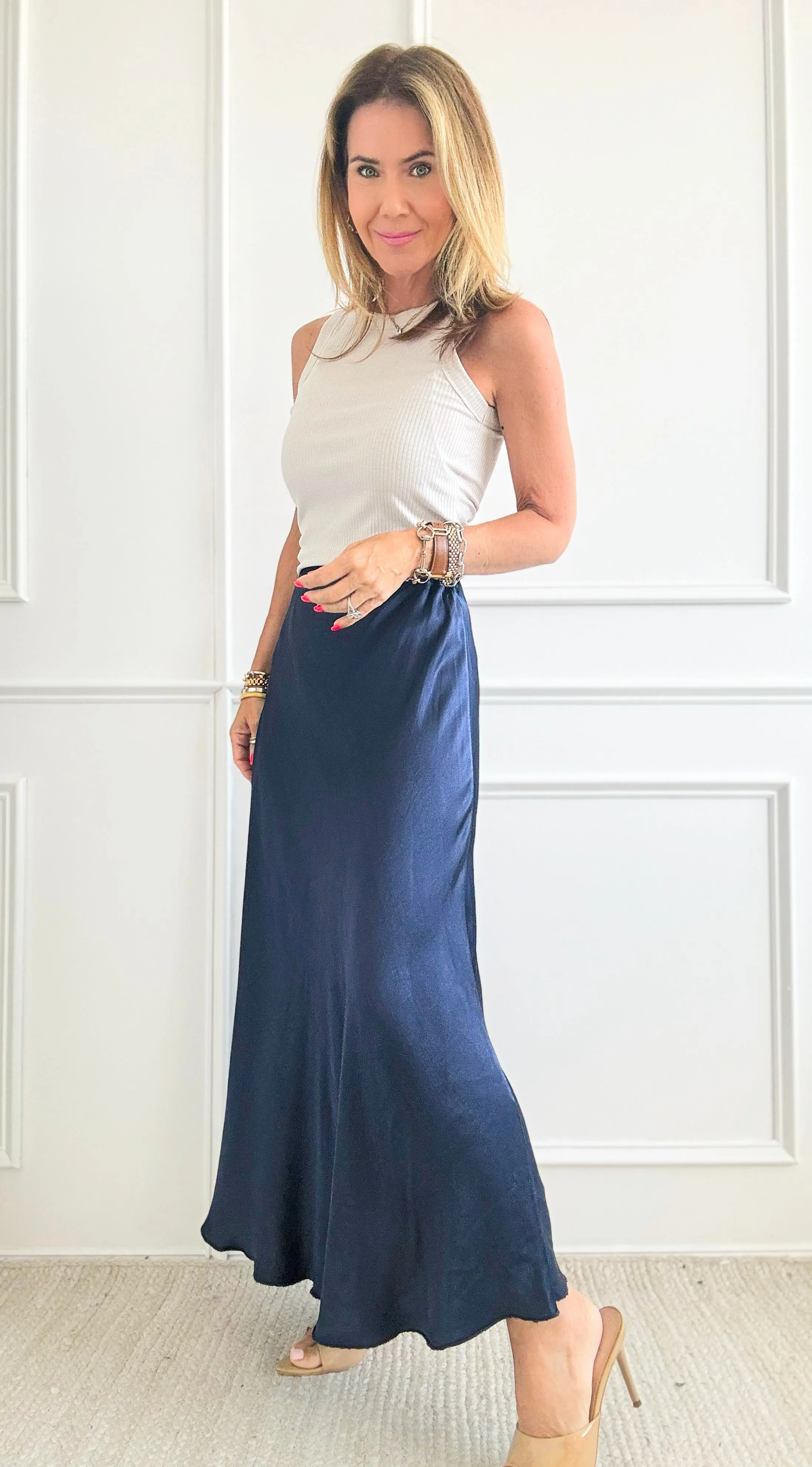 Brooklyn Italian Satin Midi Skirt - Navy