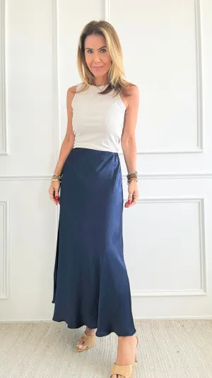 Brooklyn Italian Satin Midi Skirt - Navy