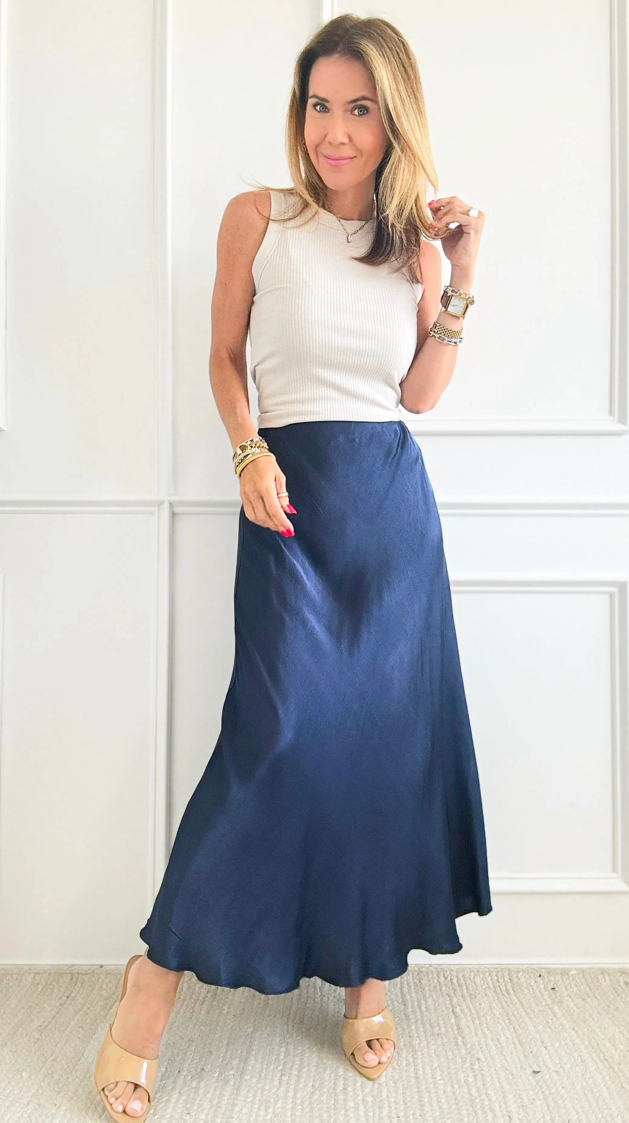 Brooklyn Italian Satin Midi Skirt - Navy