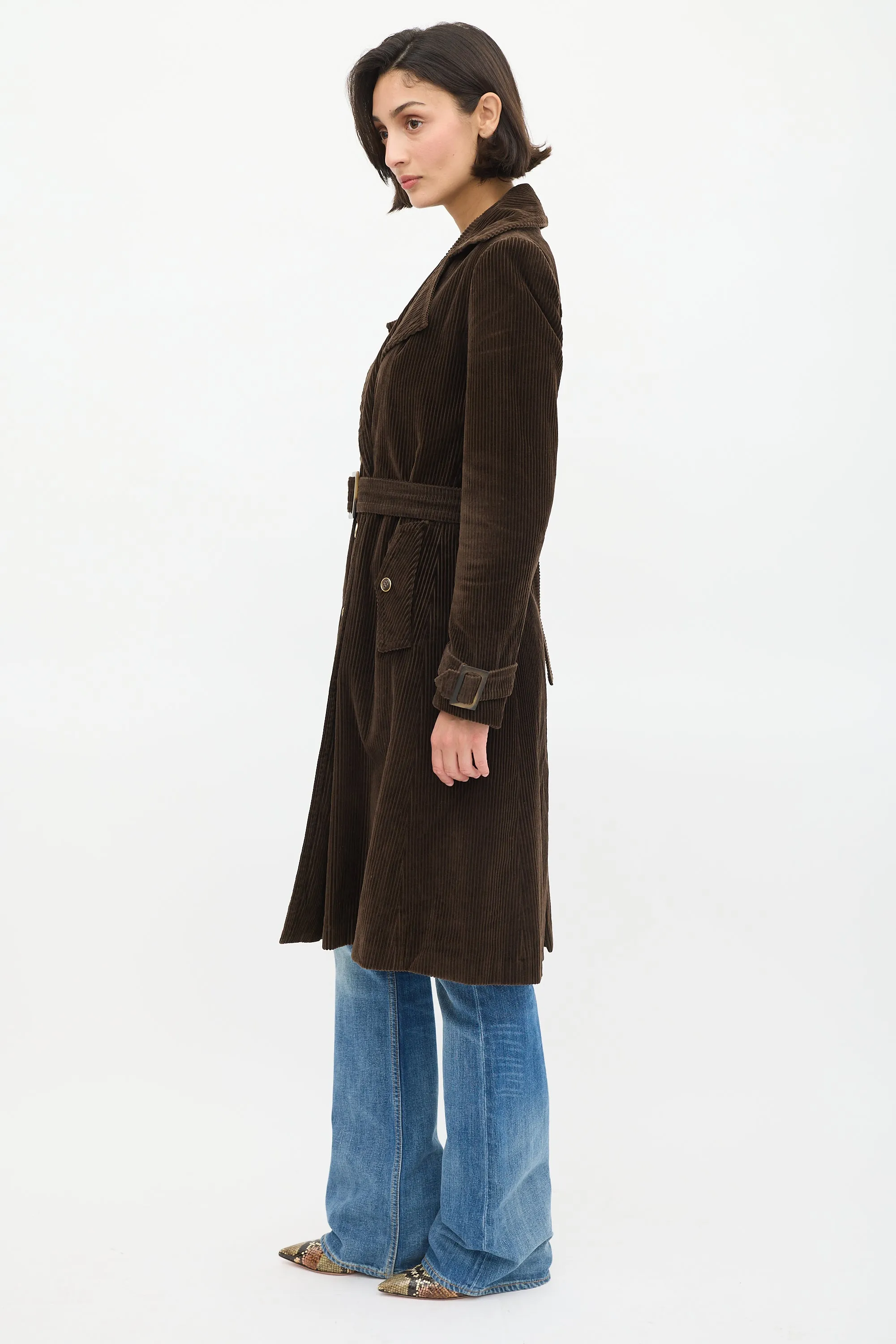 Brown Corduroy Double Breasted Belted Coat