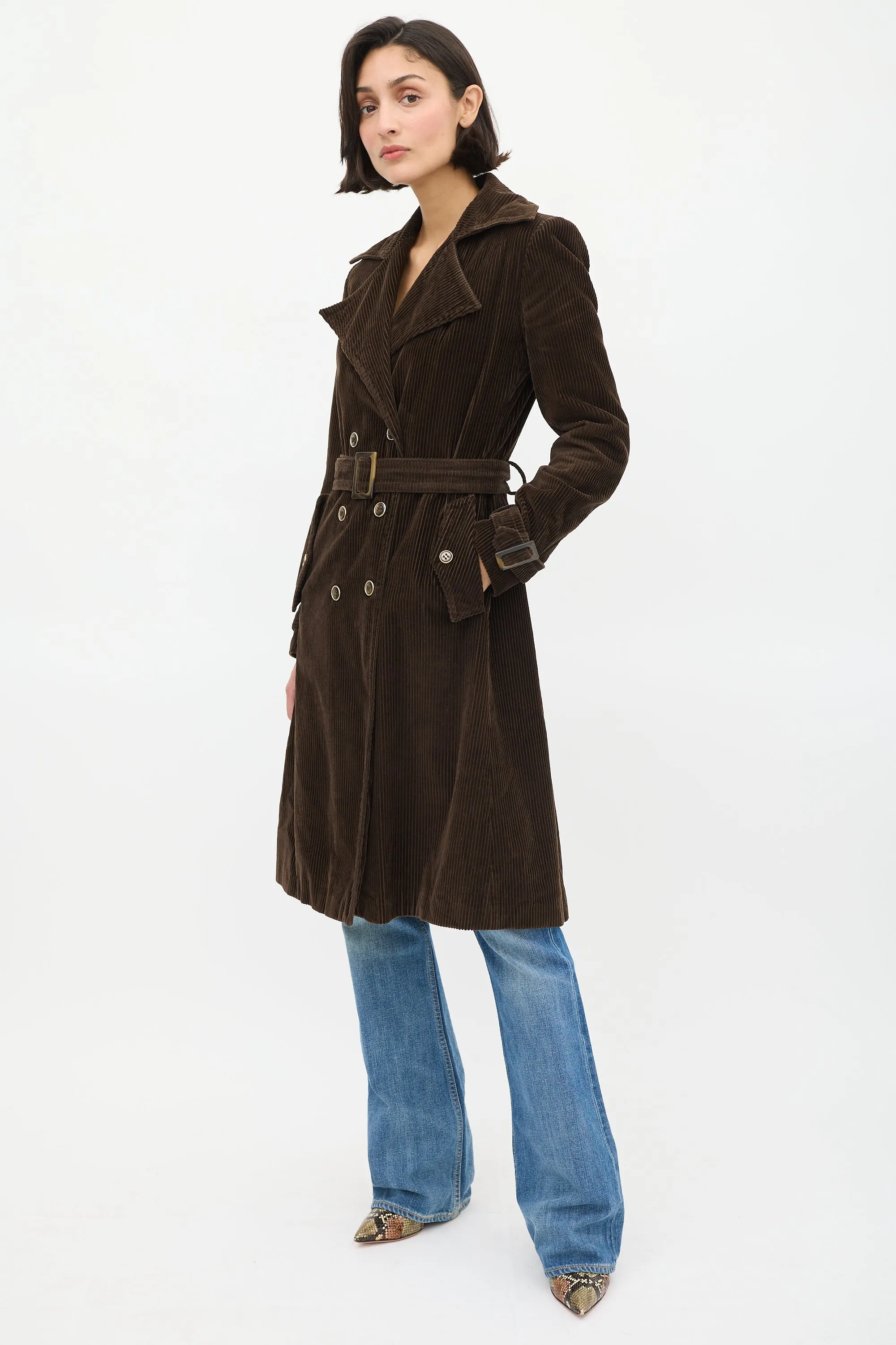 Brown Corduroy Double Breasted Belted Coat