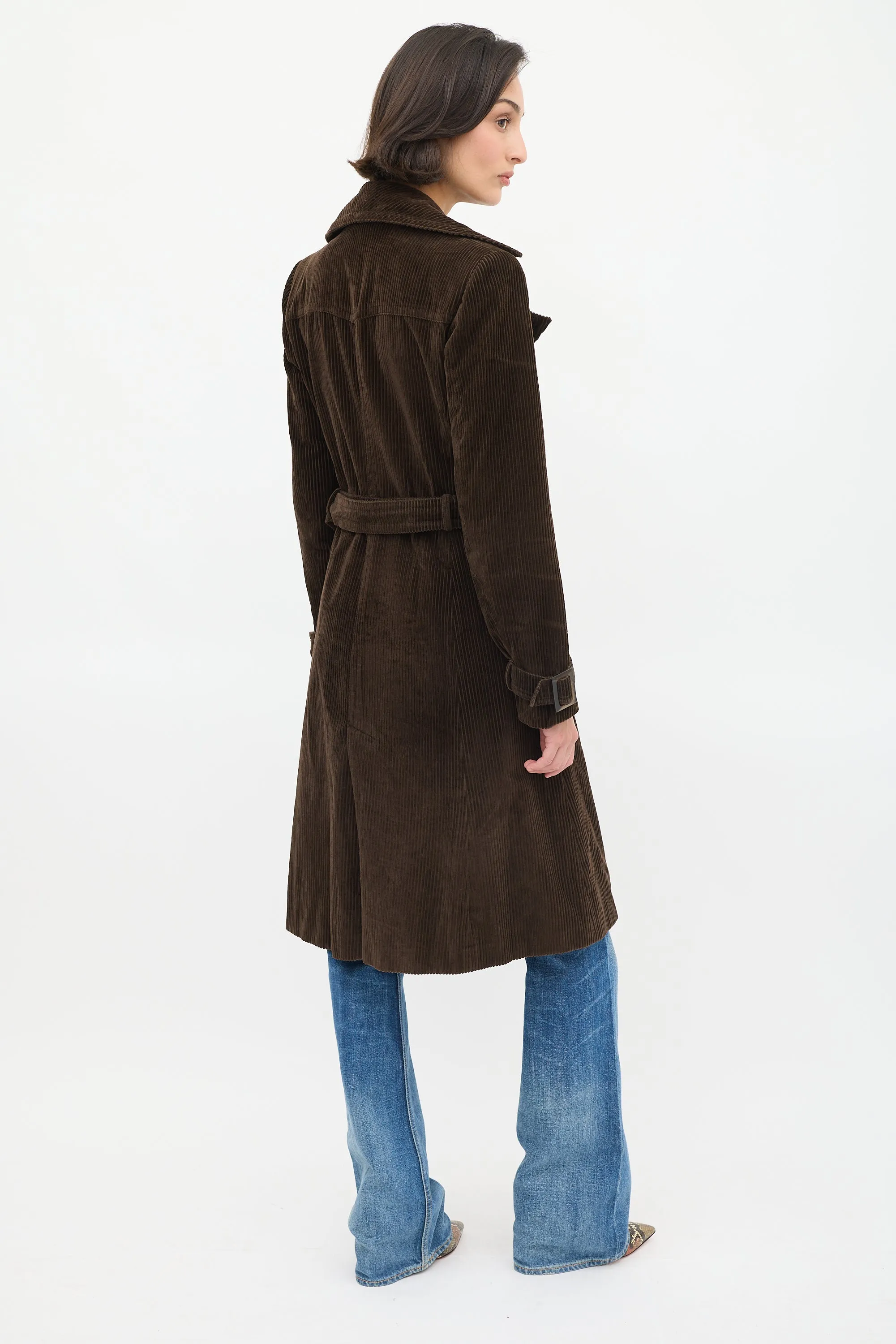 Brown Corduroy Double Breasted Belted Coat