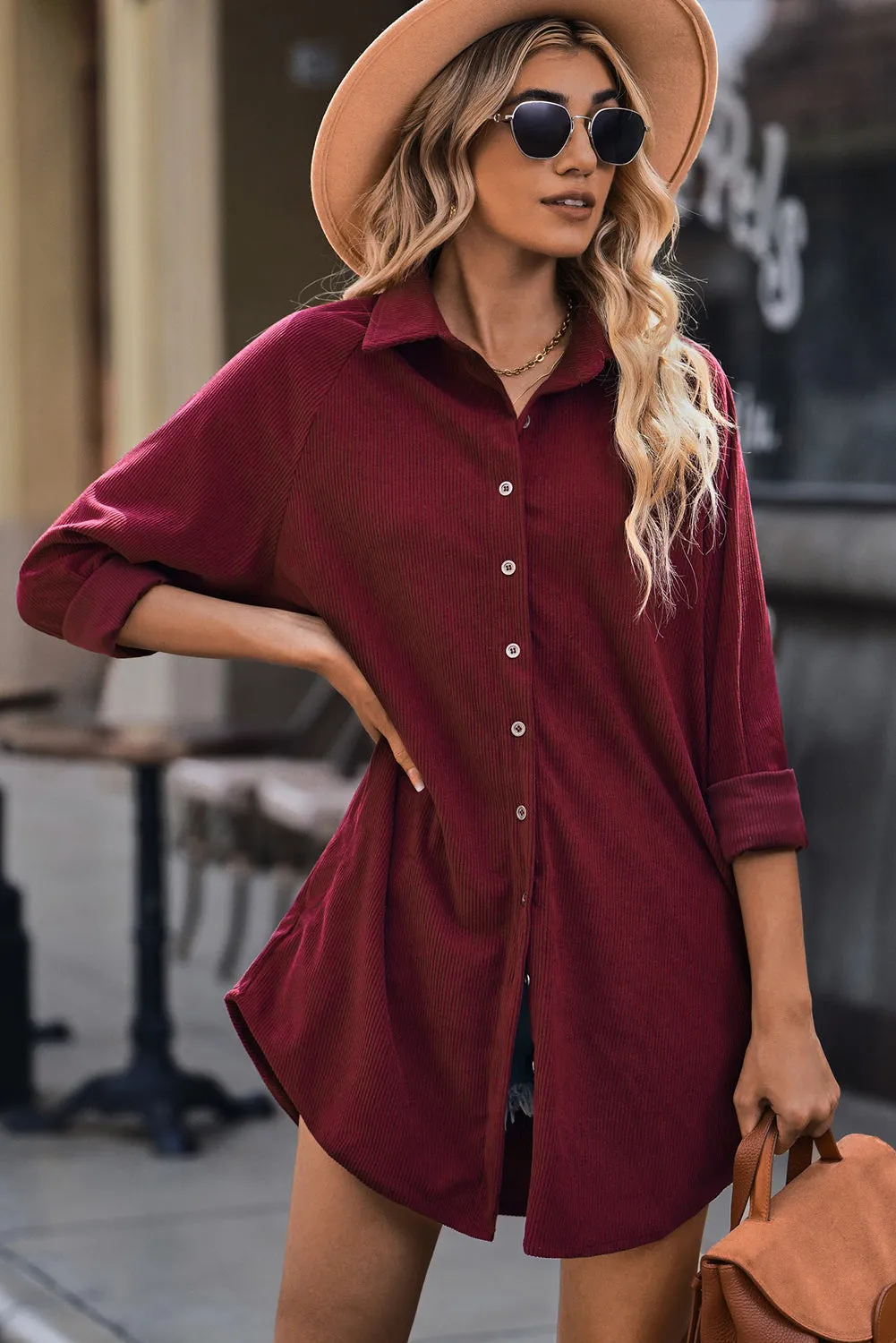 Button Front Curved Hem Raglan Sleeve Shirt Dress