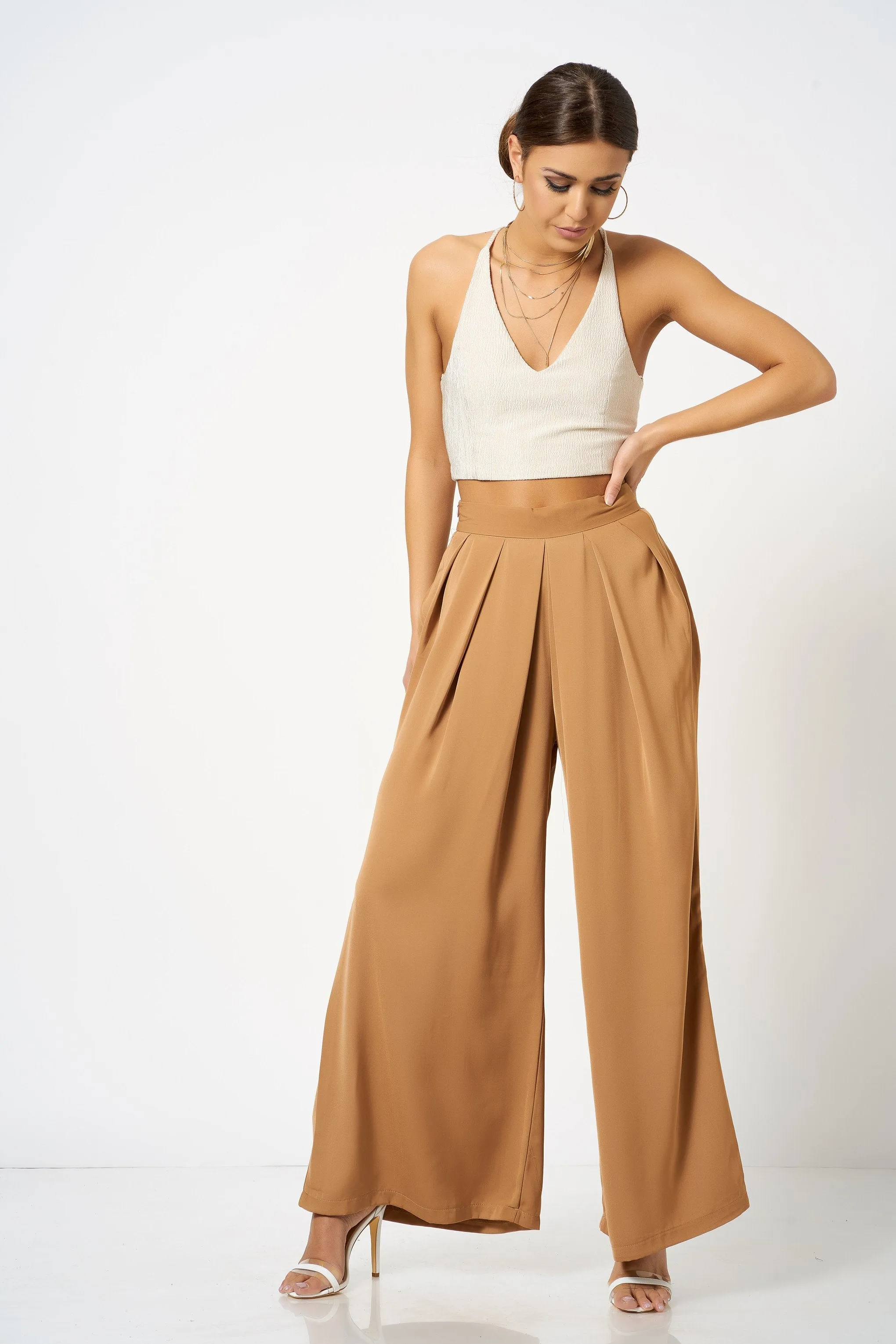 Camel Pleated Wide Leg Trousers