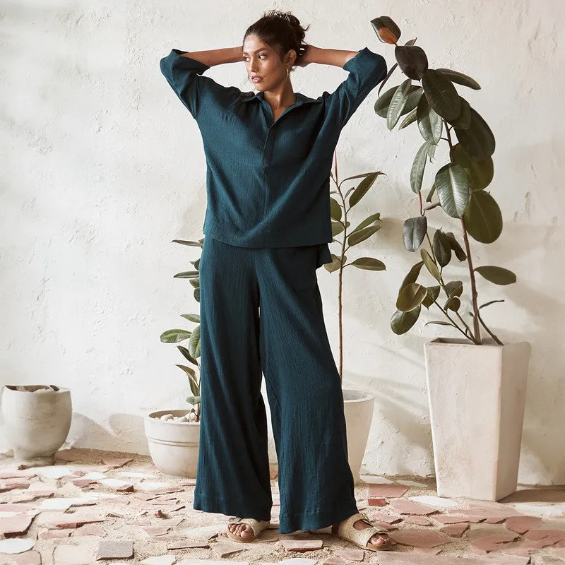 Cotton Solid Co Ord Set For Women | Top & Pant | Blue