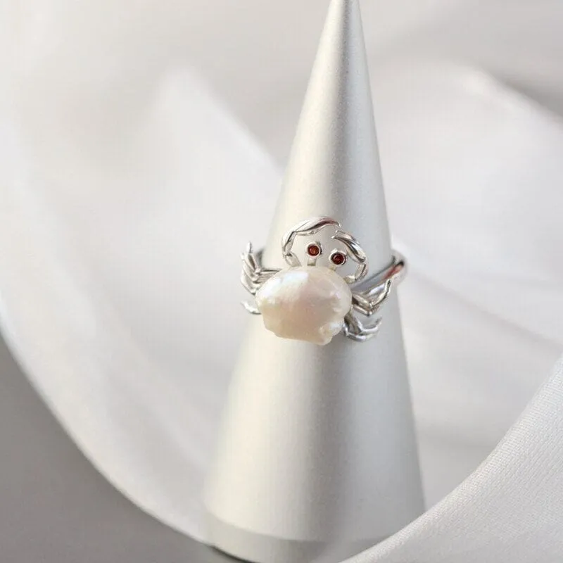 Cute Little Crab Natural Freshwater Pearl Resizable Ring - 925 Sterling Silver