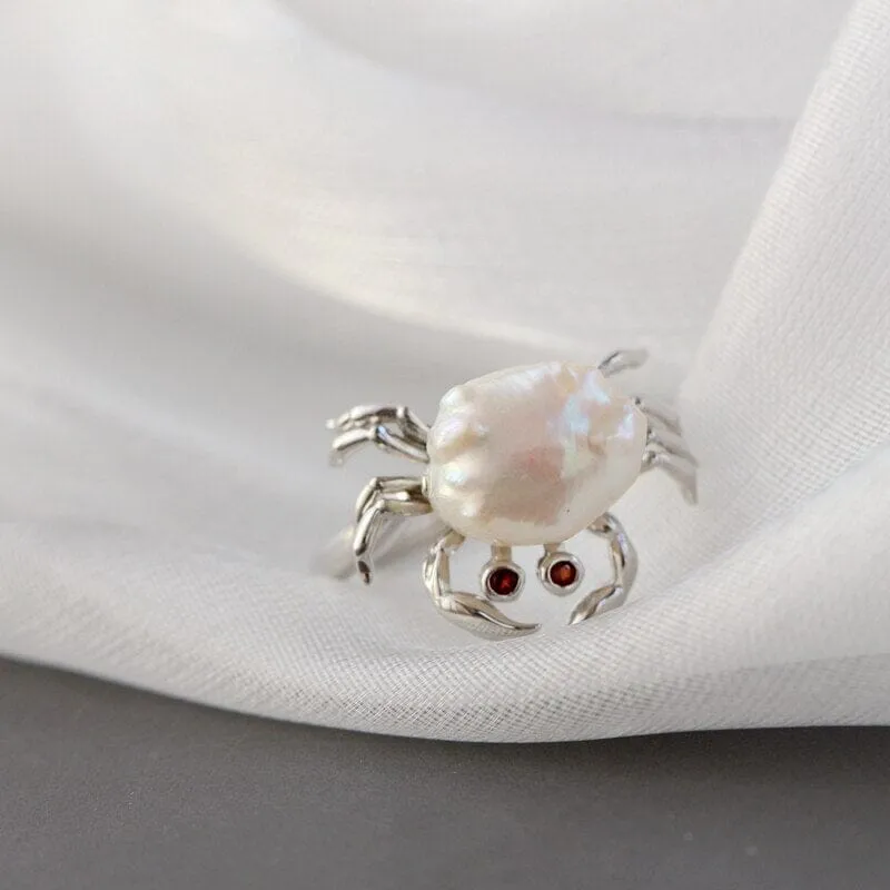 Cute Little Crab Natural Freshwater Pearl Resizable Ring - 925 Sterling Silver