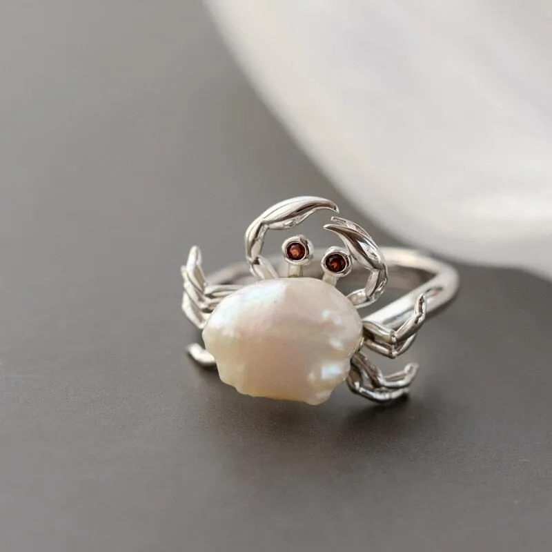 Cute Little Crab Natural Freshwater Pearl Resizable Ring - 925 Sterling Silver