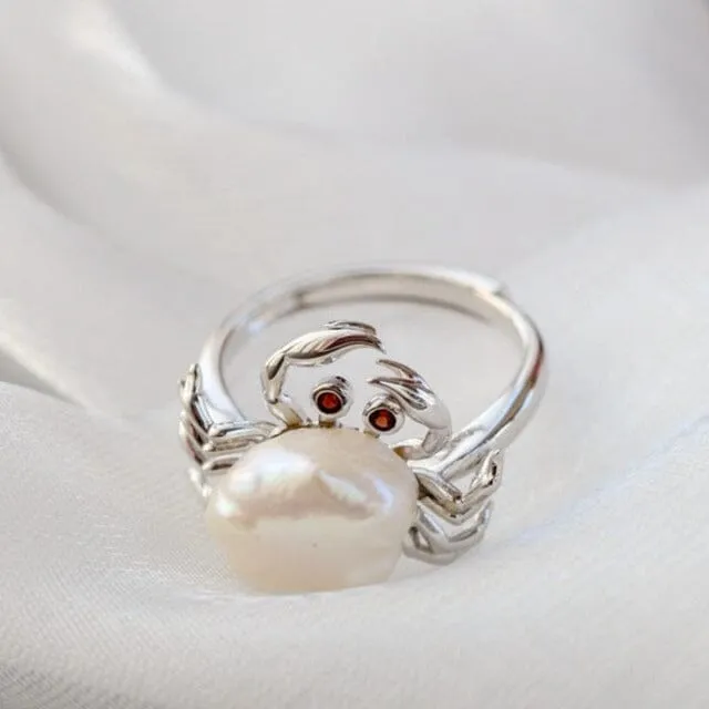 Cute Little Crab Natural Freshwater Pearl Resizable Ring - 925 Sterling Silver