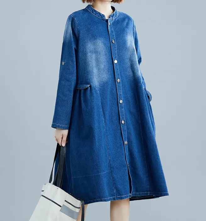 Denim Blue Shirts Dresses Loose Fall Dresses Casual Embroidery Women Dresses SSM97213