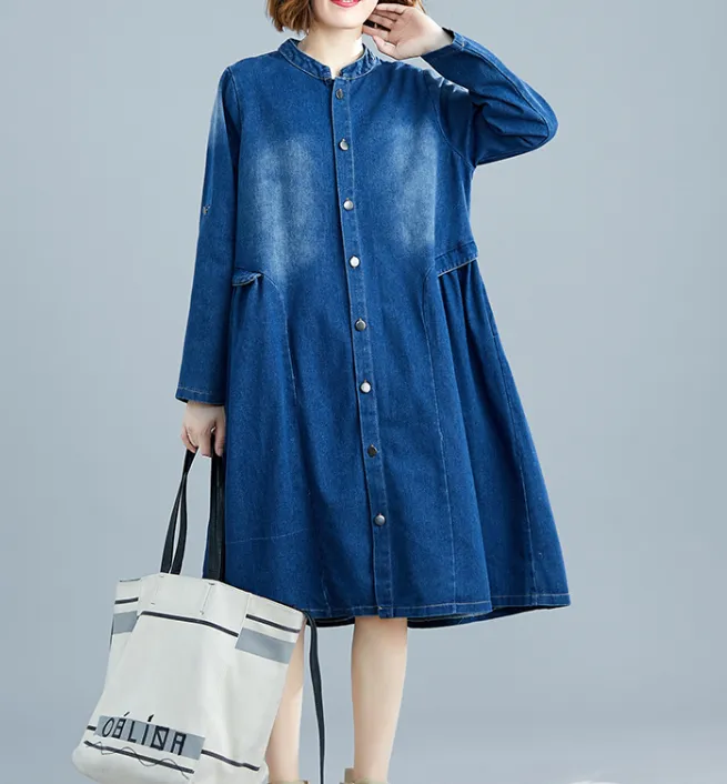 Denim Blue Shirts Dresses Loose Fall Dresses Casual Embroidery Women Dresses SSM97213