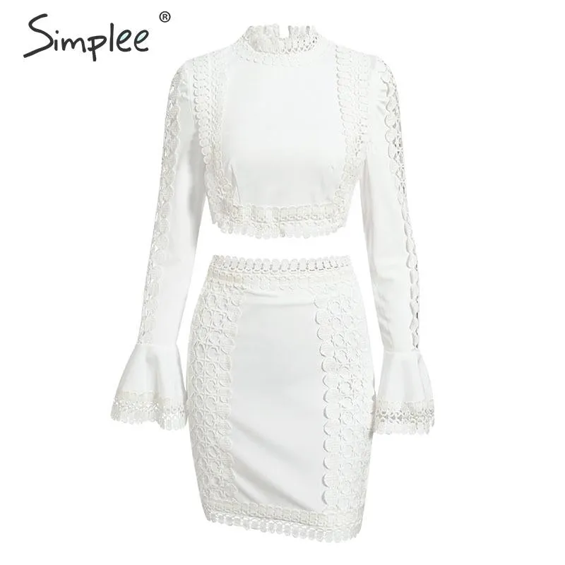 Elegant lace bodycon White 2 piece hollow out autumn dress suit Winter party club short party dresses