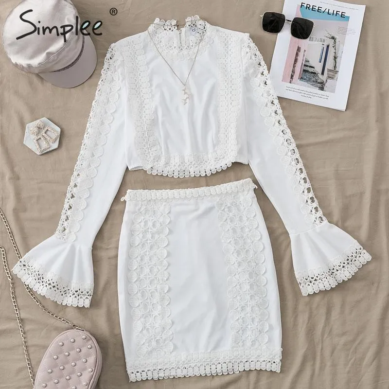 Elegant lace bodycon White 2 piece hollow out autumn dress suit Winter party club short party dresses